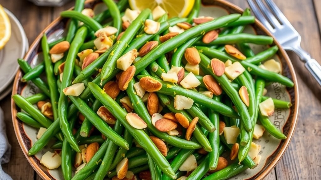 Classic Green Bean Almondine Recipe A beautiful serving of Green Bean Almondine with toasted almonds and lemon zest on a rustic table.